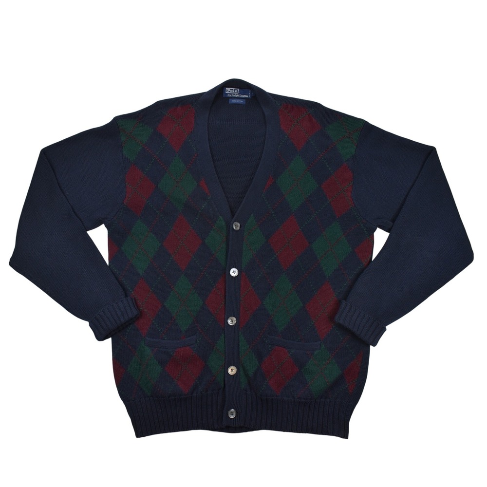 Polo Ralph Lauren VTG Mens Argyle Cardigan Sweater Navy Blue Green Red Cotton L